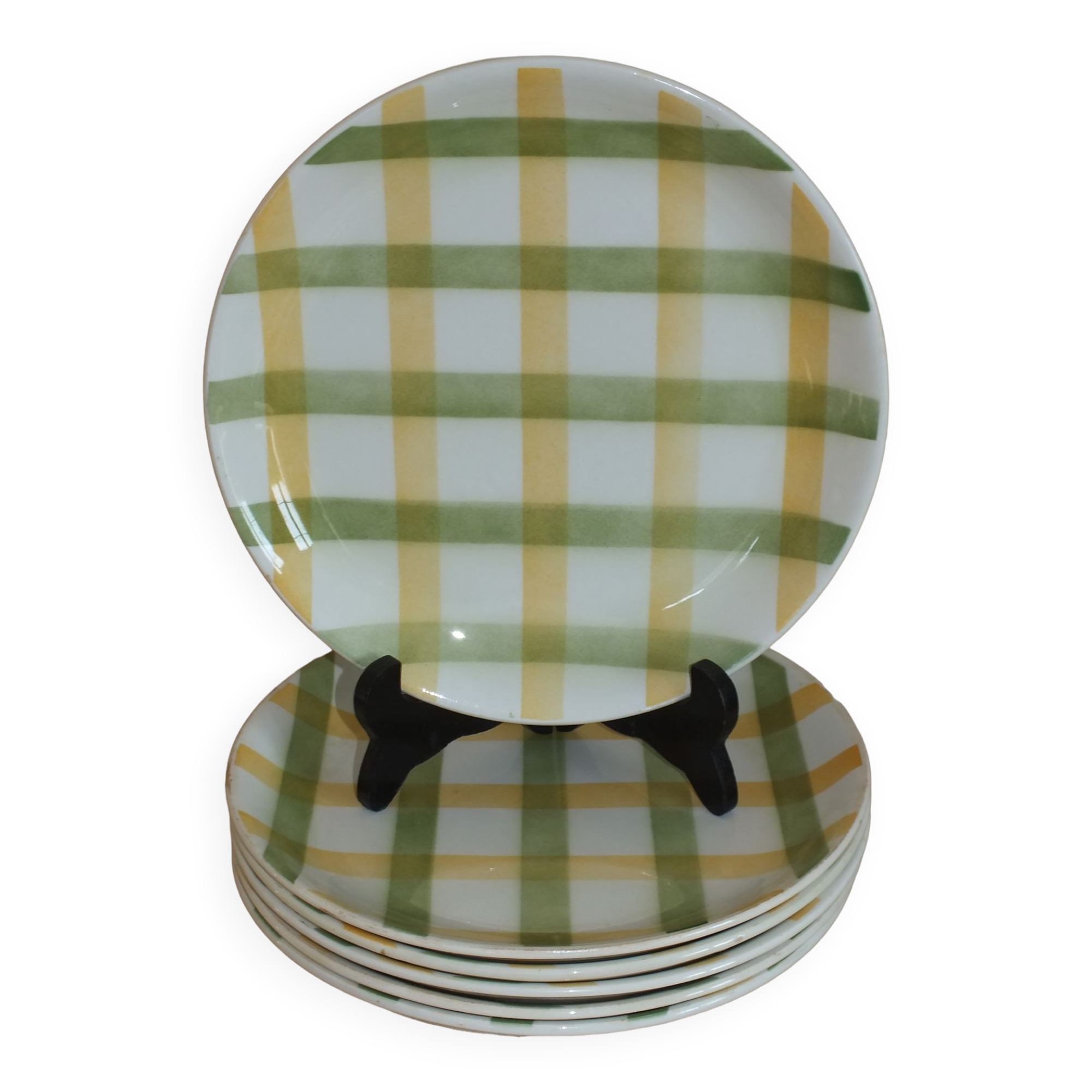 6 green and yellow checkered plates, tea towel