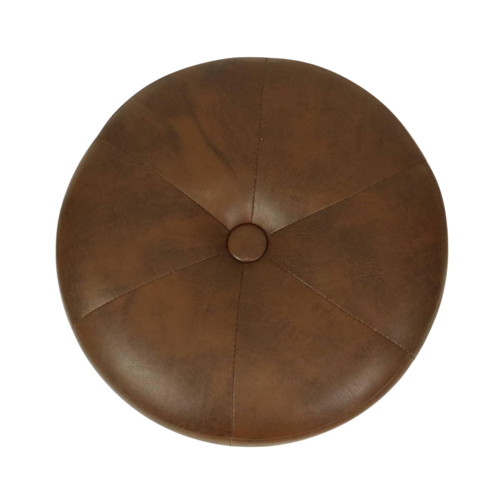 Pouf rond vintage en bois et cuir skaï marron patchwork années 60