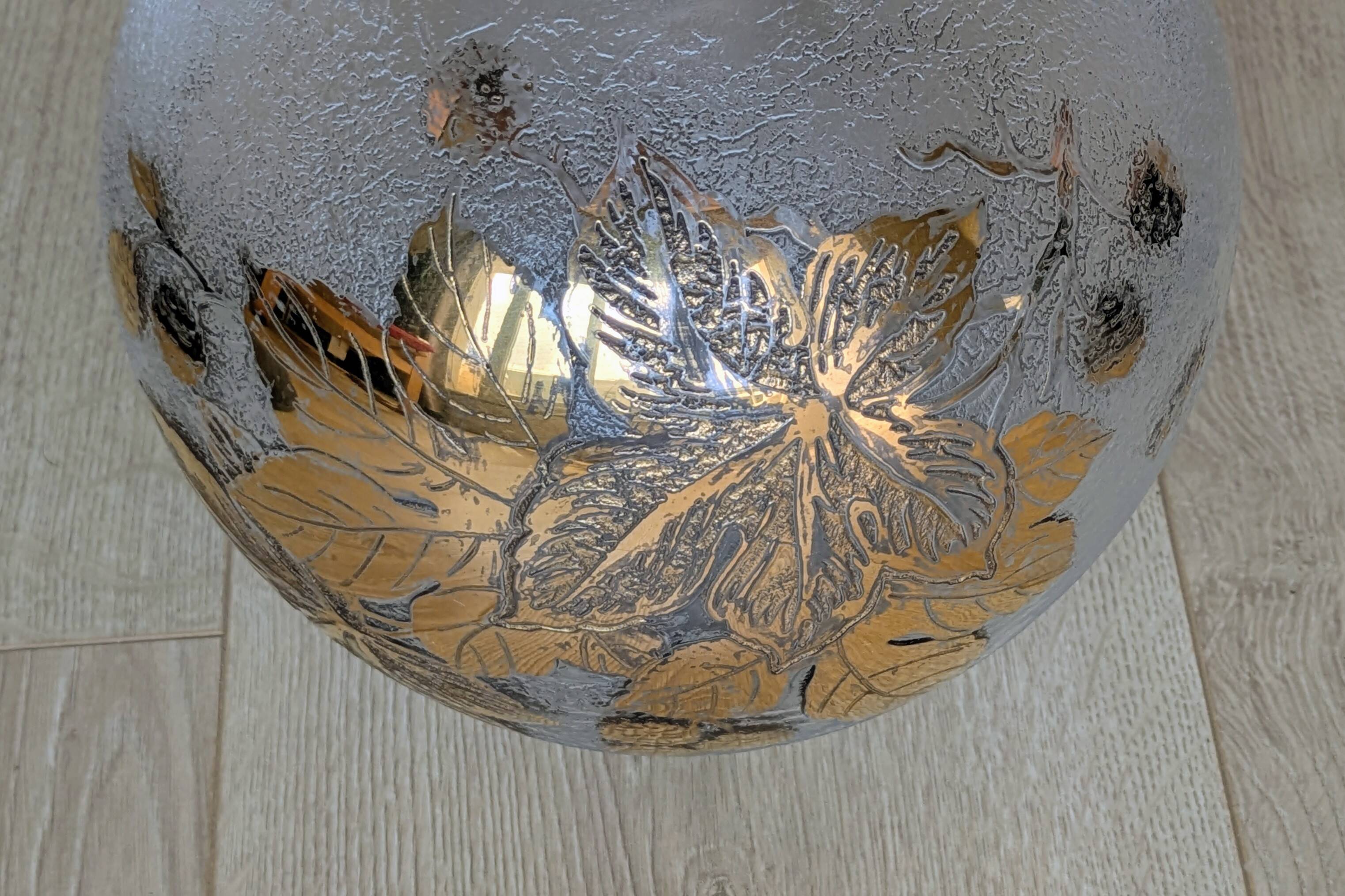 Frosted Glass Ball Vase with Golden Botanical Decoration — Signed Adat — Circa 1950
