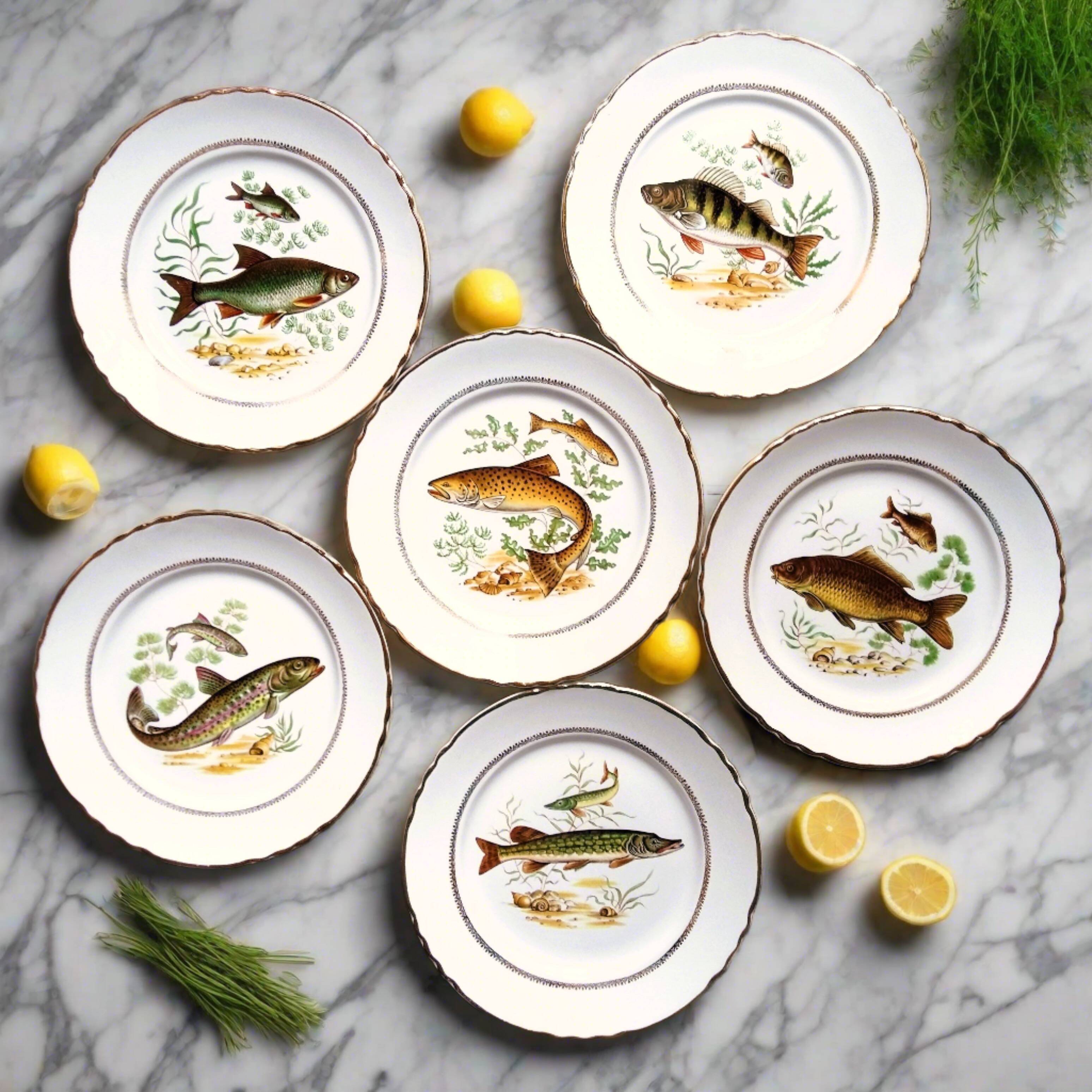 Six Vintage Fish Plates by Moulin des Loups. French Fish Plate Set. Fish Dinnerware Set.