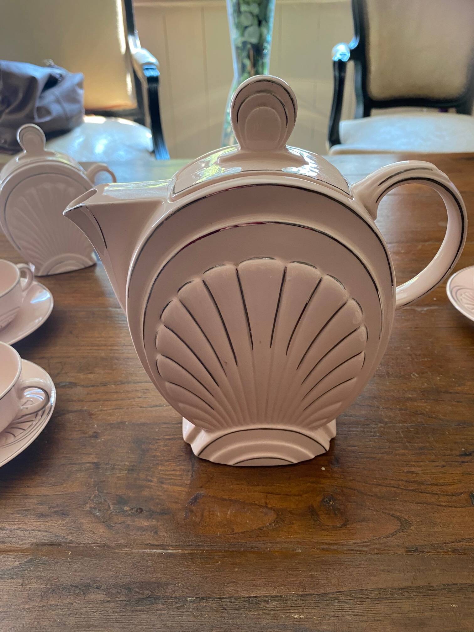1930s art deco coffee service in pale pink earthenware with shell decoration
