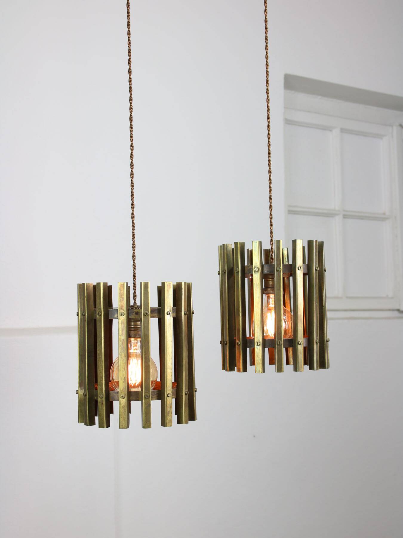 Vintage Italian Brass Cage Pendant Lamp, 70s