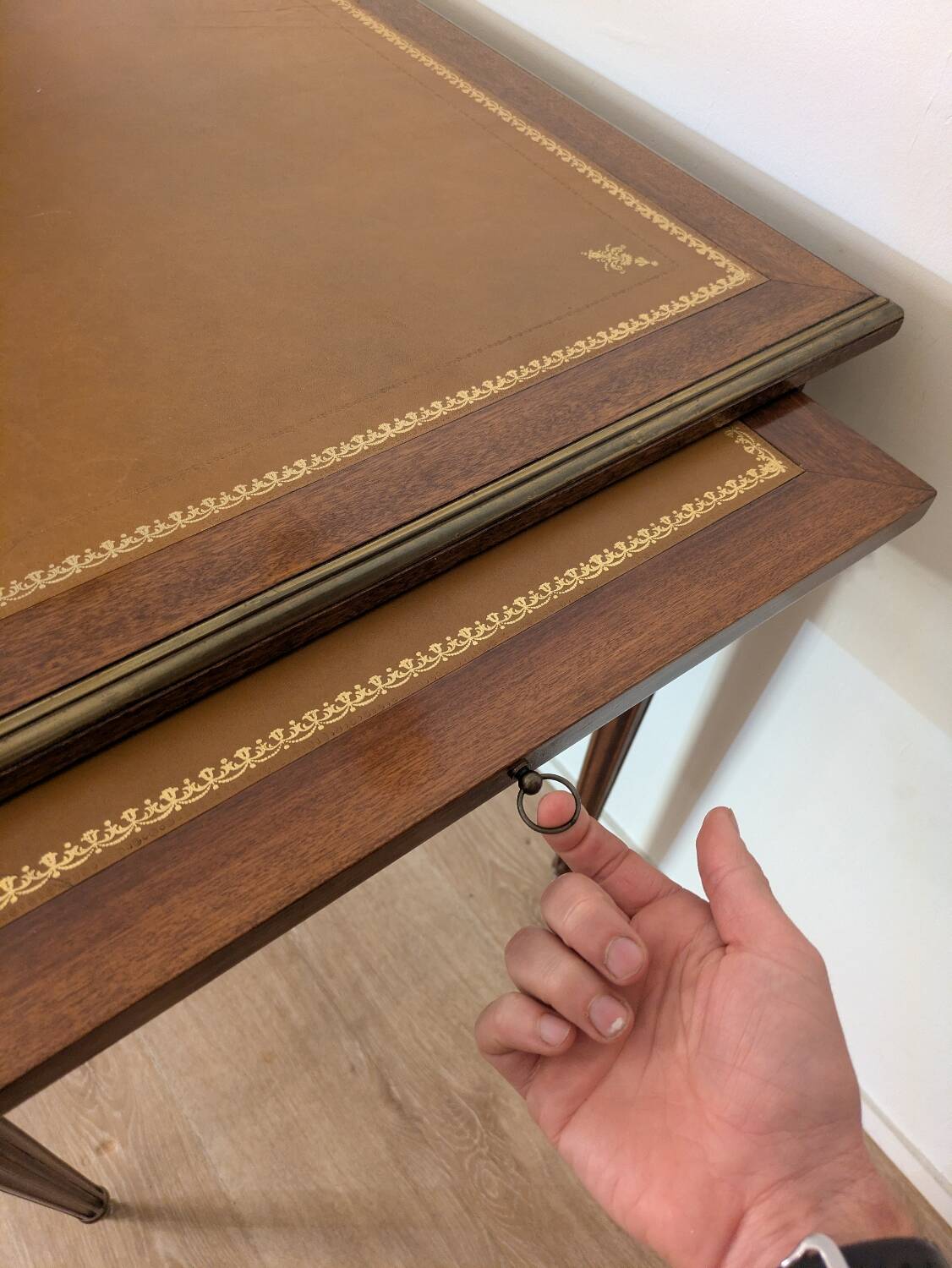 Antique Louis XVI style vintage desk, leather, brass, cherry wood