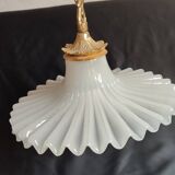 Round pendant light in pleated semi-opaque glass