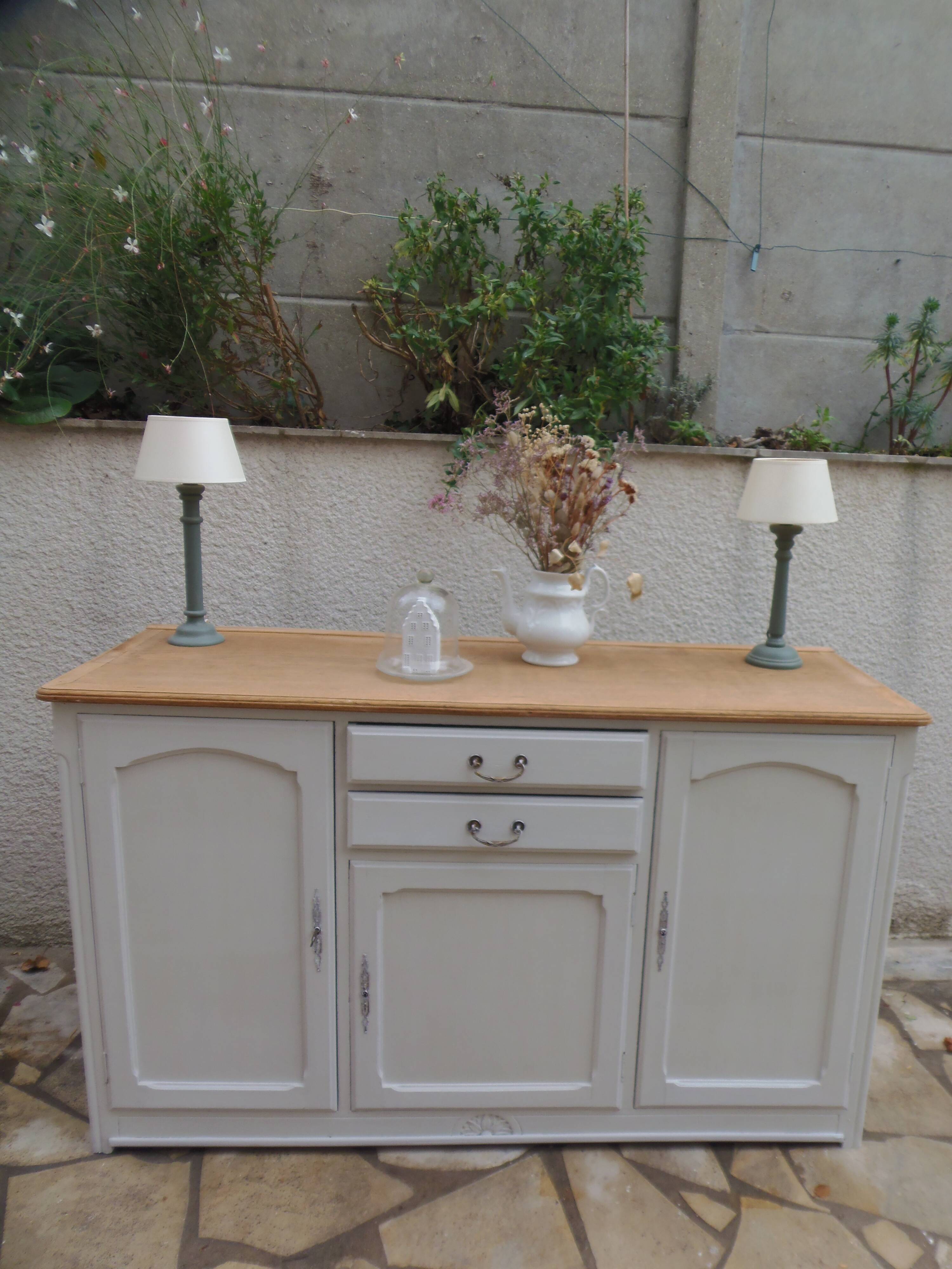 Vintage sideboard in pearl grey patinated oak, wooden top.