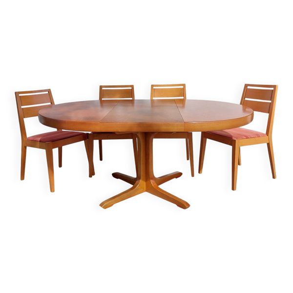 table ronde ou ovale avec rallonge, pied central, design Baumann + 4chaises