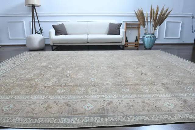 1970s Vintage Persian Handmade Wool Cotton Light Brown Area Rug 290x372