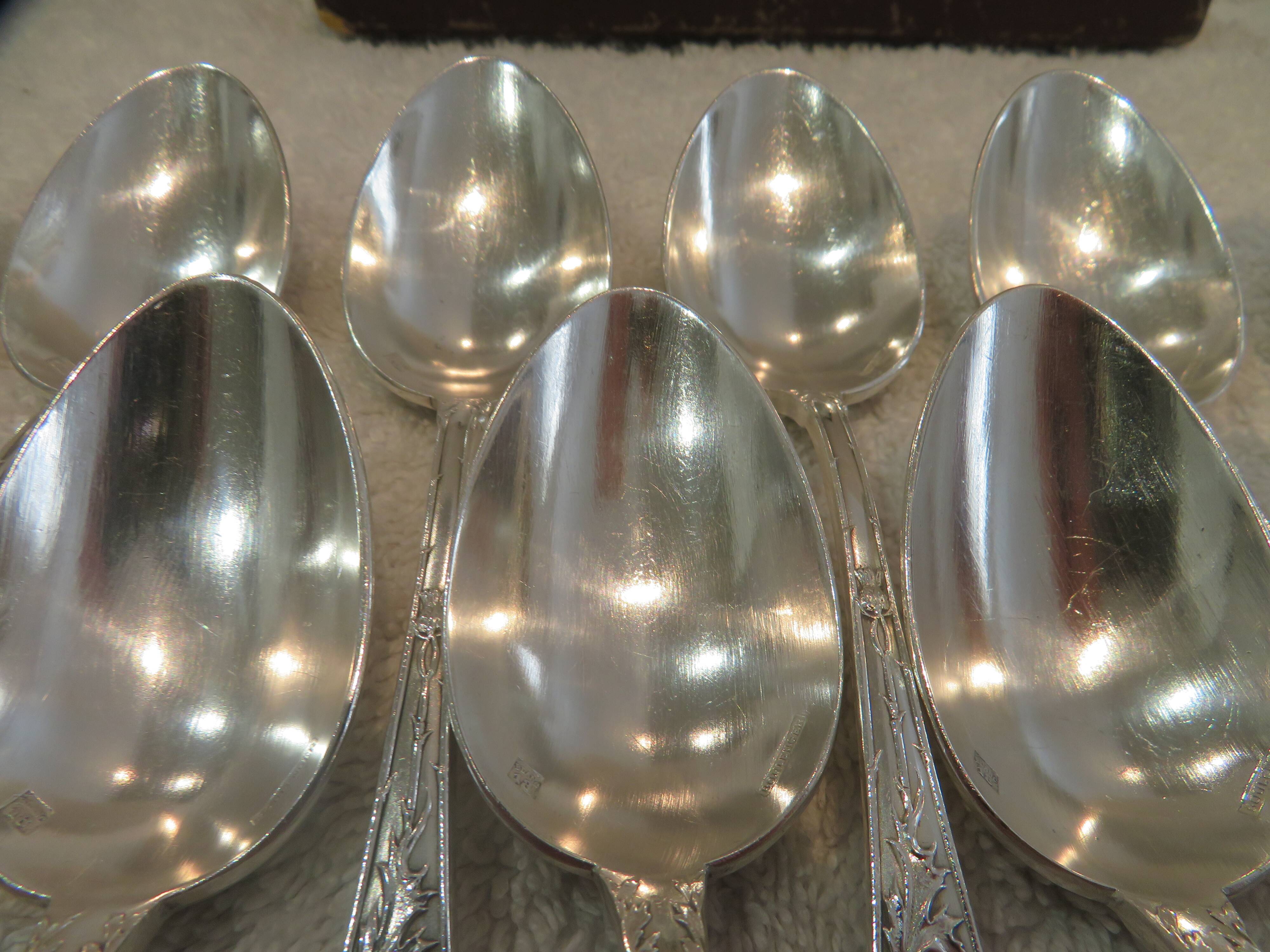 12 silver-plated coffee spoons by Boulenger, Art Nouveau thistles