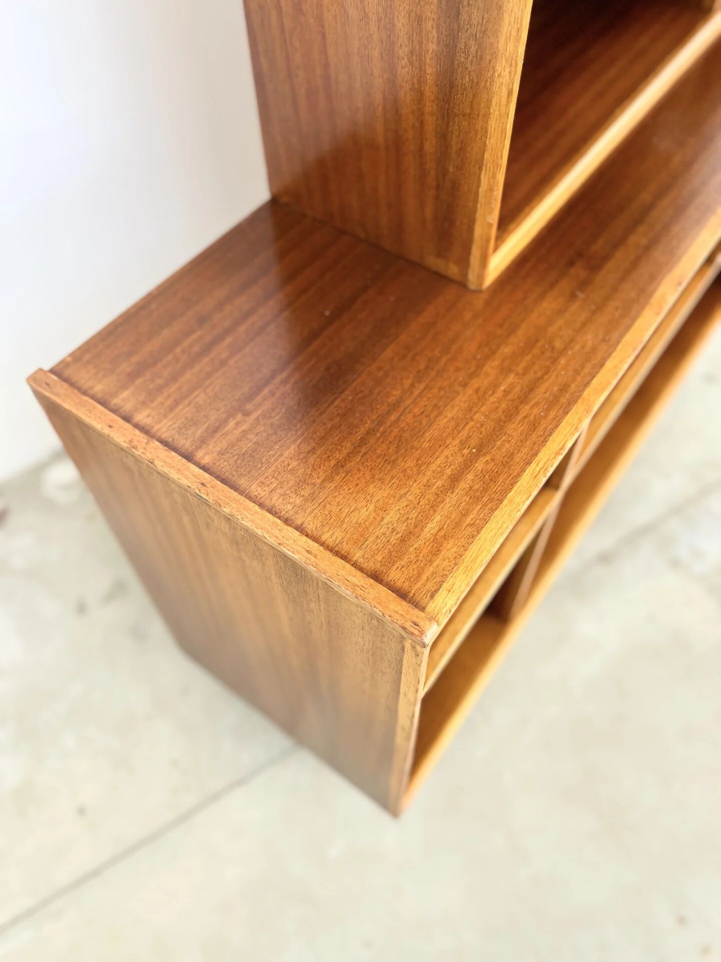 Asymmetrical mahogany bookshelf — 2 offset elements, custom-made, 1960s