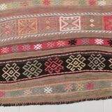 Tapis kilim ancien pastel, teintes délavées rose & vert, charme bohème,