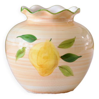 Large vintage ball vase with hand-painted lemon decor