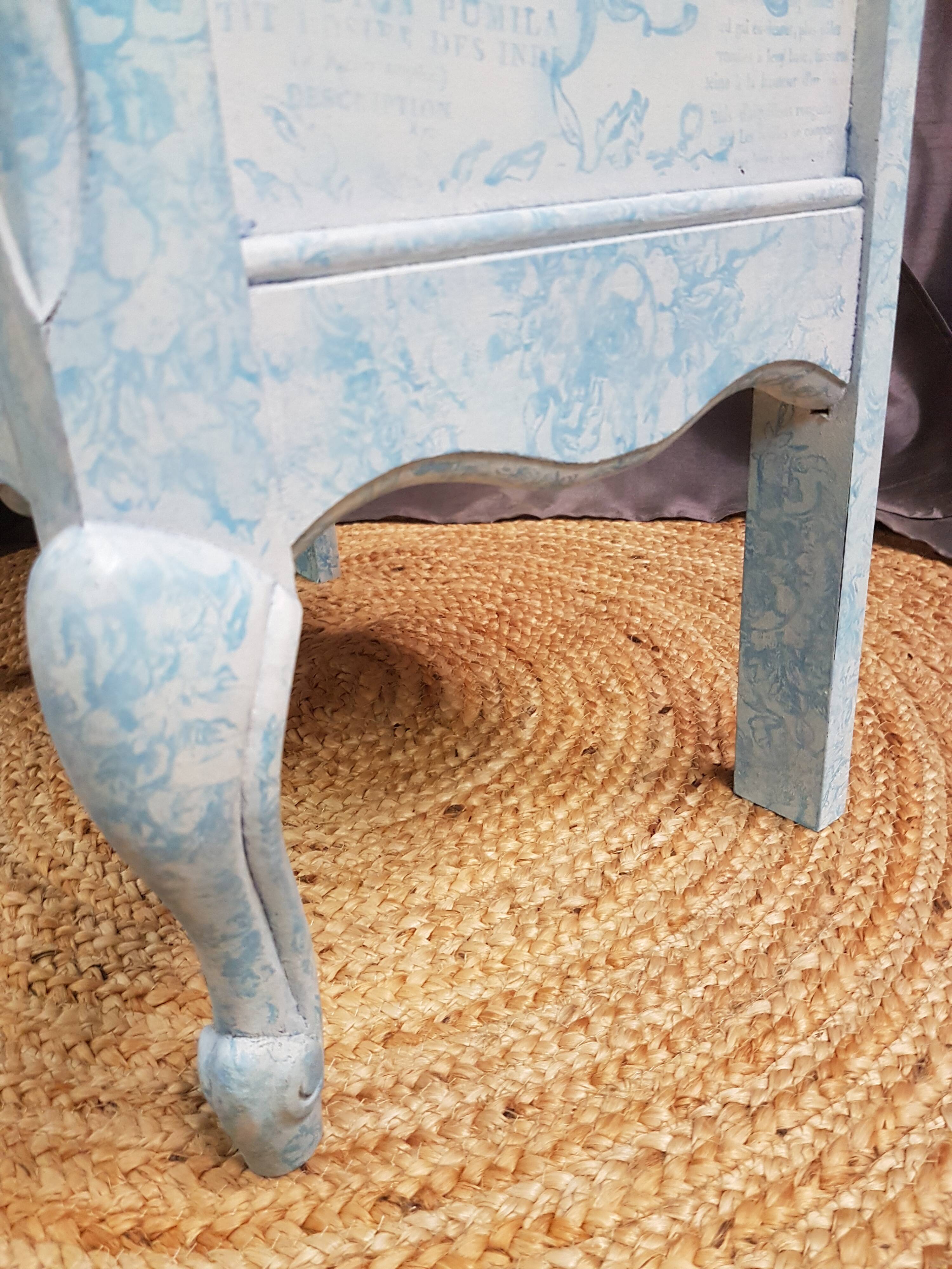 Low bedside table, 1 drawer, white and blue redesigned