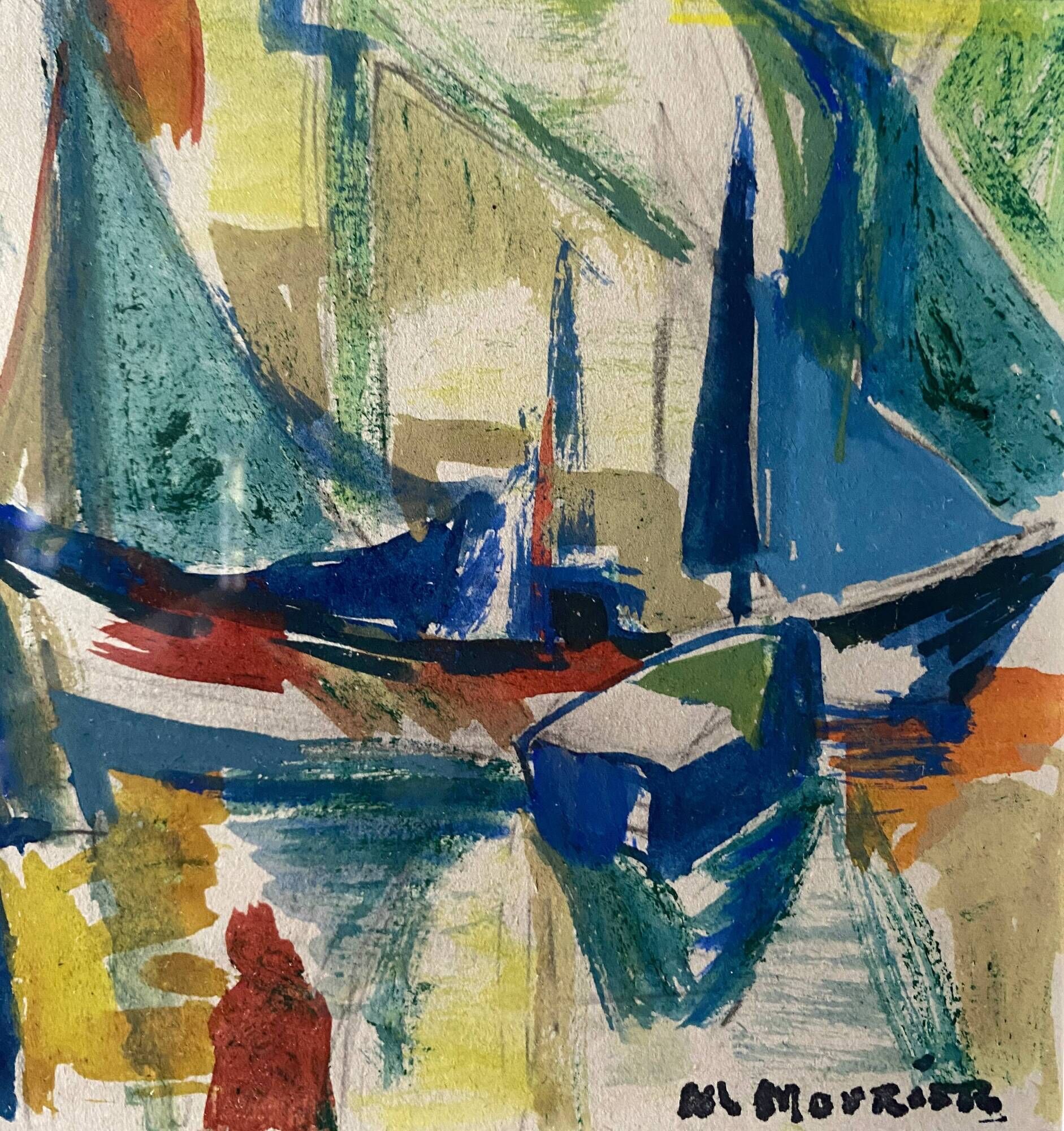 Watercolor Painting MOURIER Marguerite (1910-1987) "the sailboats" + frame