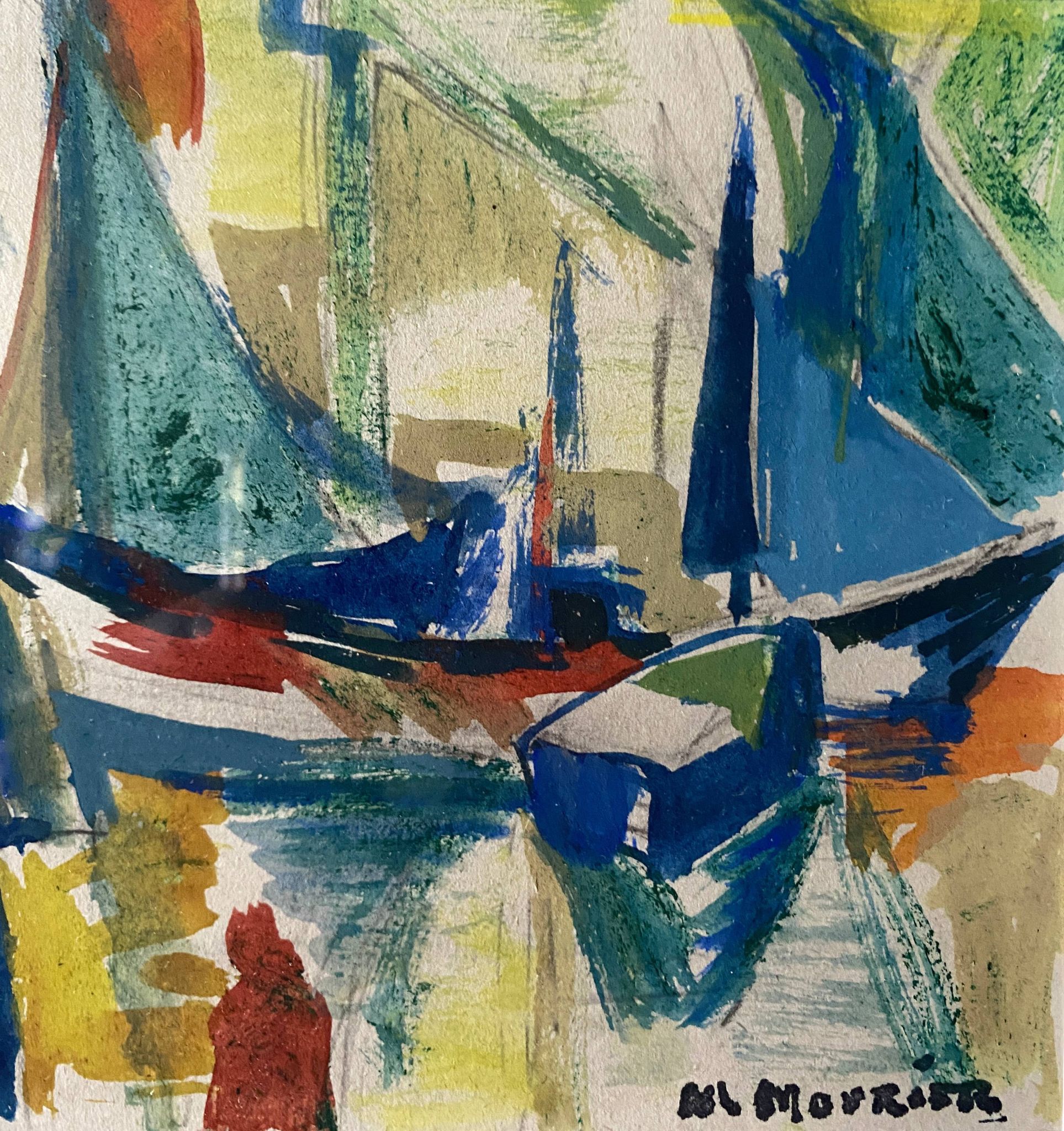 Watercolor Painting MOURIER Marguerite (1910-1987) "the sailboats" + frame