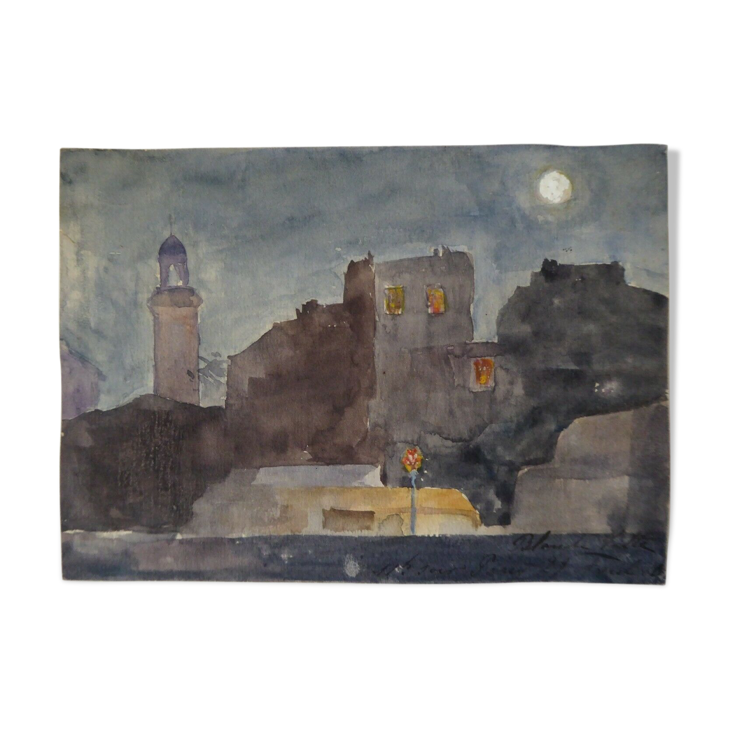 Aquarelle ancienne sur papier, paysage nocturne, XIXe Signé Blanche Gatte