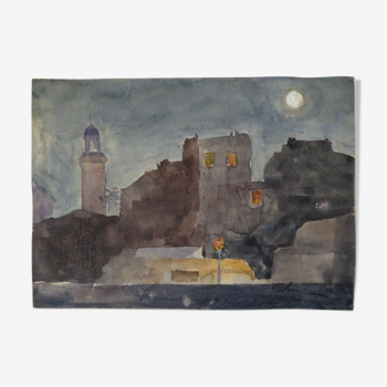 Aquarelle ancienne sur papier, paysage nocturne, XIXe Signé Blanche Gatte