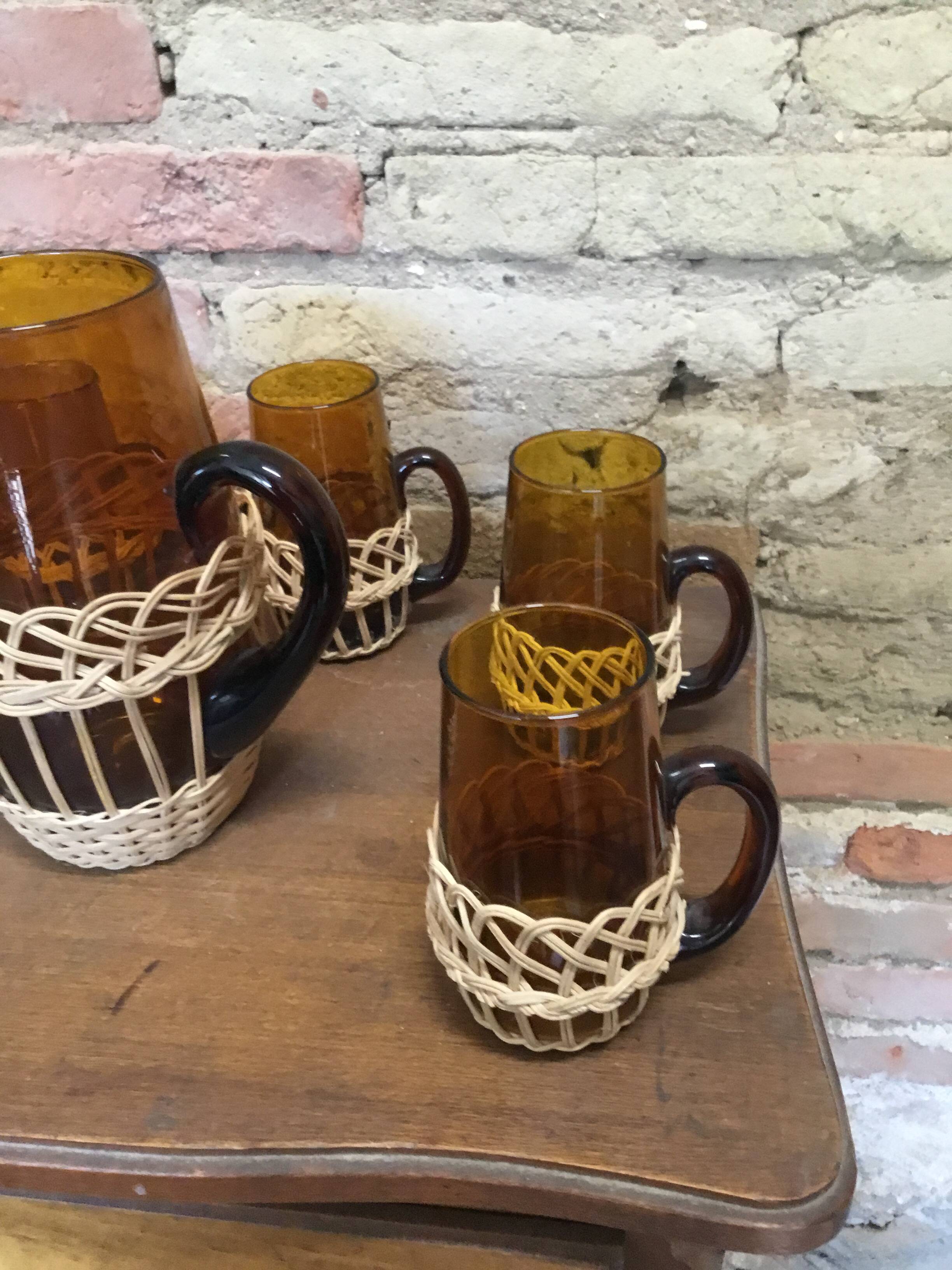Service a orangeade verre marron et osier