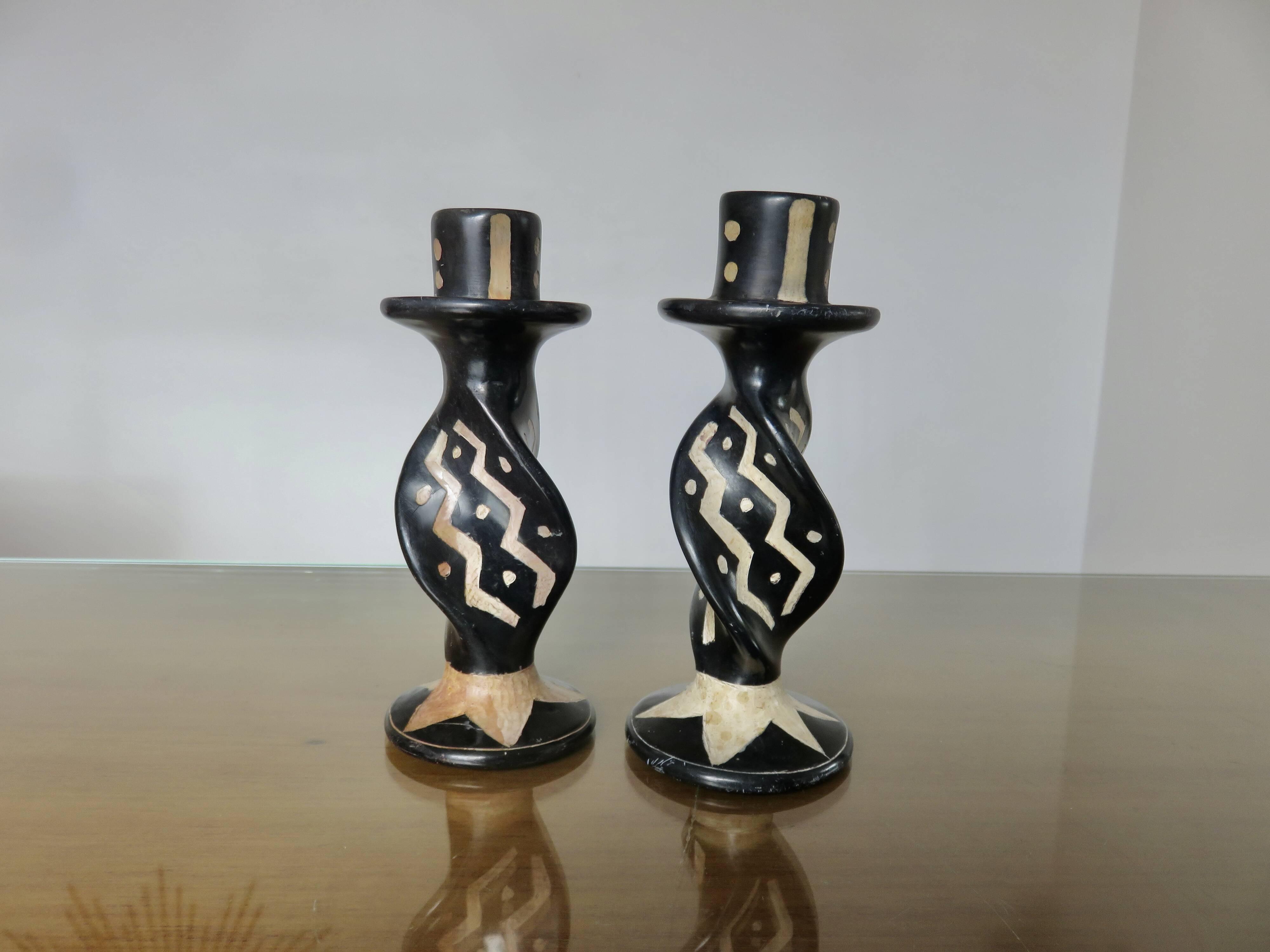 Pair of ethnic soapstone candlesticks, African craftsmanship 1980