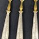 Suite of 3 dessert service elements with silver handles and sprinkler spoon