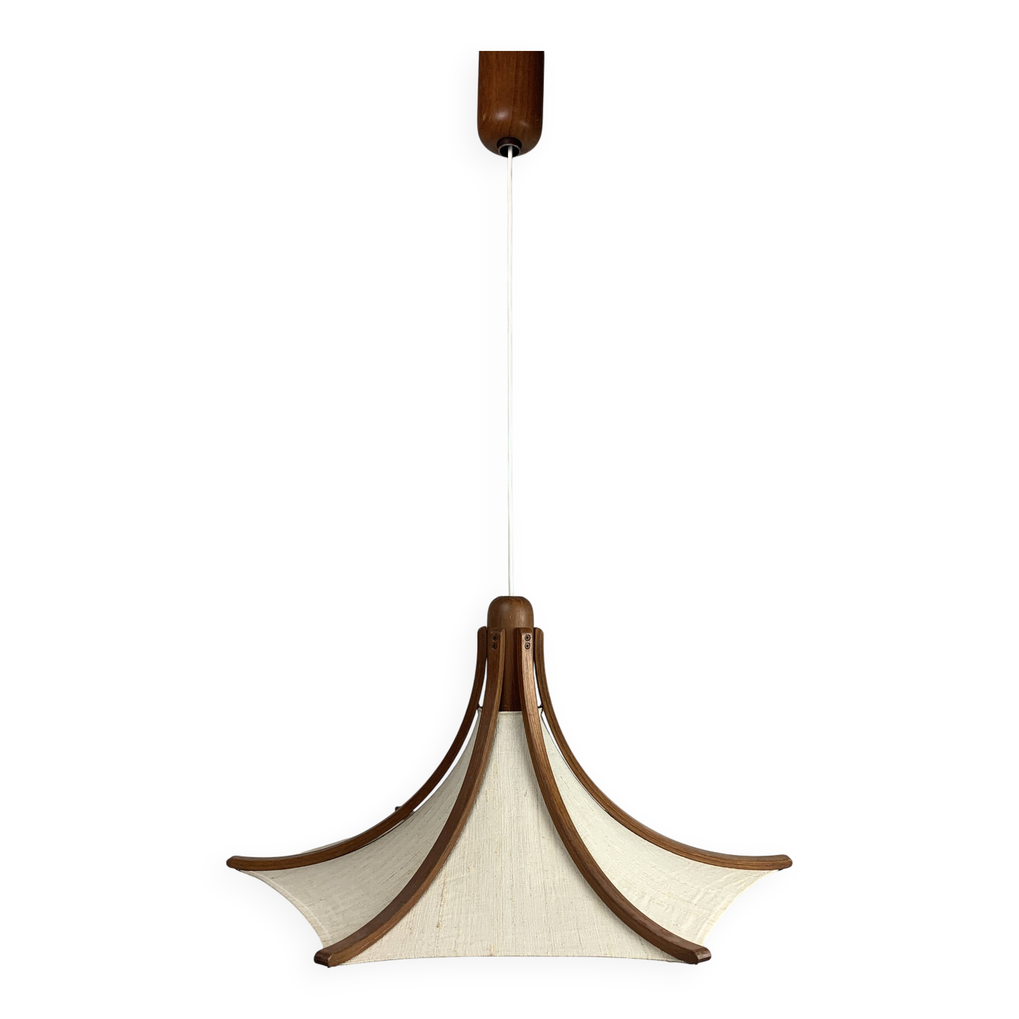 Teak and linen umbrella pendant hanging lamp by Domus, 1970s