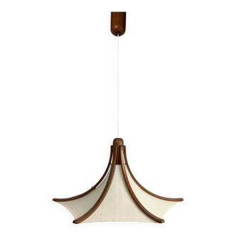 Teak and linen umbrella pendant hanging lamp by Domus, 1970s