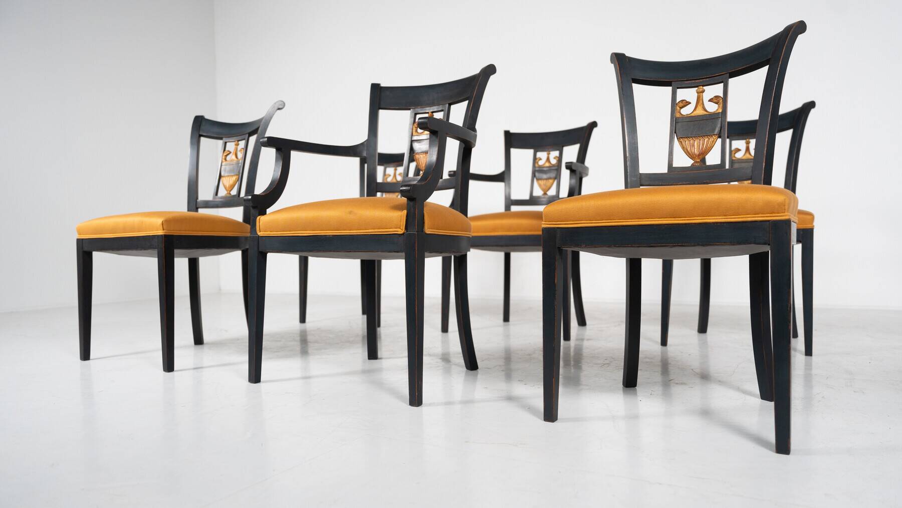 Set of 2 Black and Gold Armchairs and 4 Chairs, Empire style