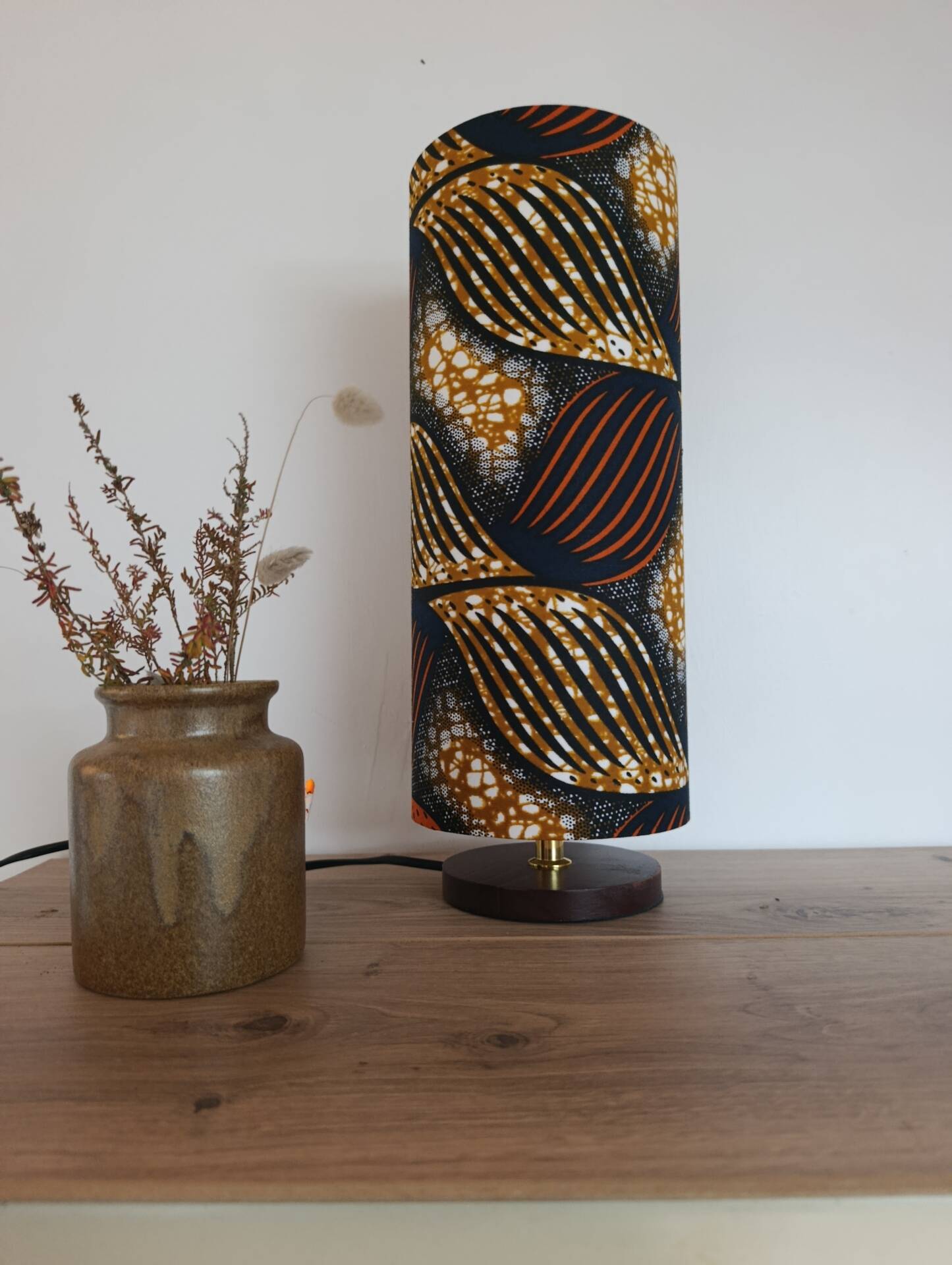 tube lamp wooden base | wax fabric boho-ethnic chic
