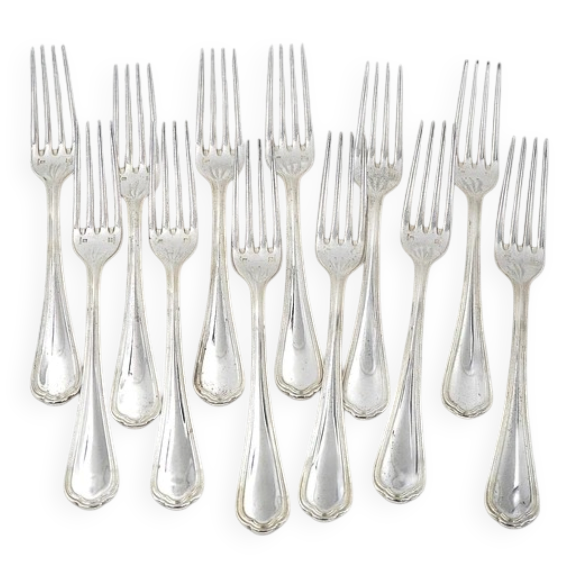 Christofle Spatours 12 table forks, 20.7 cm, silver-plated metal in perfect condition.