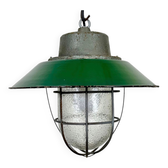 Green enamel and cast iron industrial cage pendant light, 1960s