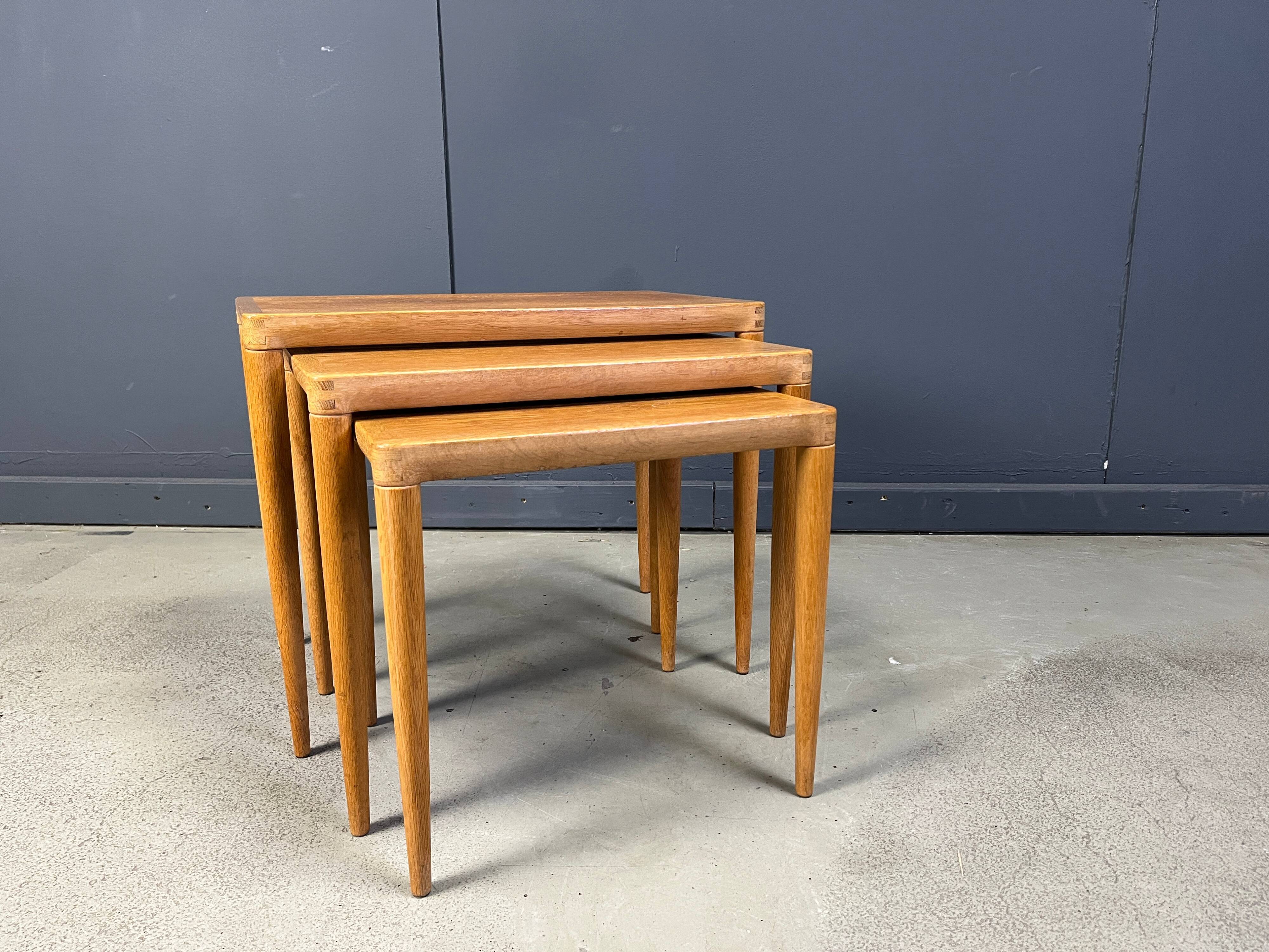 H.W. Klein. Bramin, three set tables/side tables, oak, 1960s, Denmark
