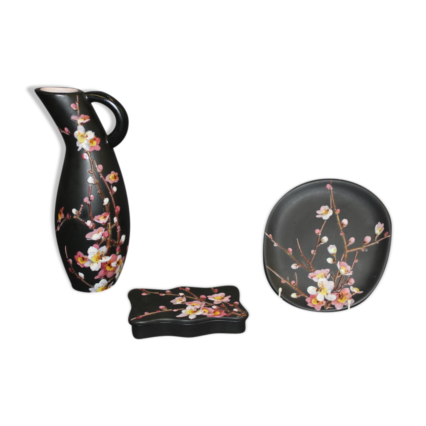 Set Of Three Ceramics By Giraud in Vallauris Apple Blossoms