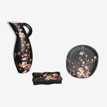 Ensemble de trois céramique par Giraud à Vallauris fleurs de pommier