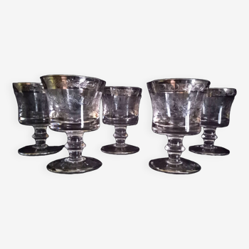 Lot de 5 verres gravés de Murano, à vin (ou à eau), bordure en argent