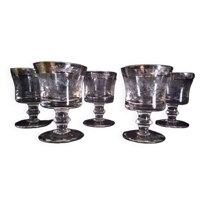 Lot de 5 verres gravés de Murano, à vin (ou à eau), bordure en argent