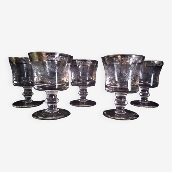 Set of 5 engraved Murano glasses, wine (or water), silver rim