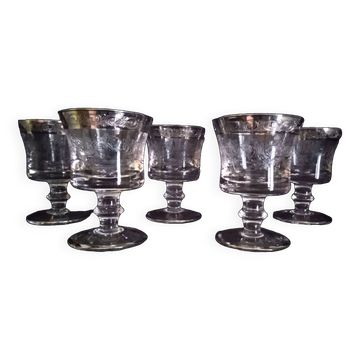 Set of 5 engraved Murano wine (or water) glasses, silver rim