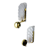 Pair of Murano frosted leaf sconces, textured glass & gilt brass, Italy, circa 1970