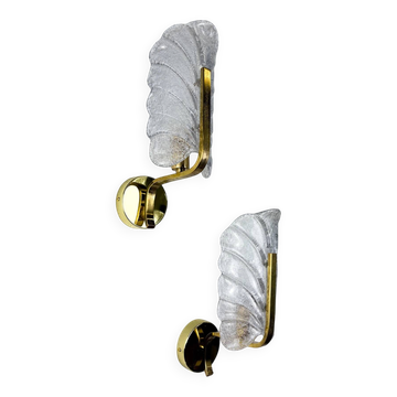 Pair of Murano frosted leaf sconces, textured glass & gilt brass, Italy, circa 1970