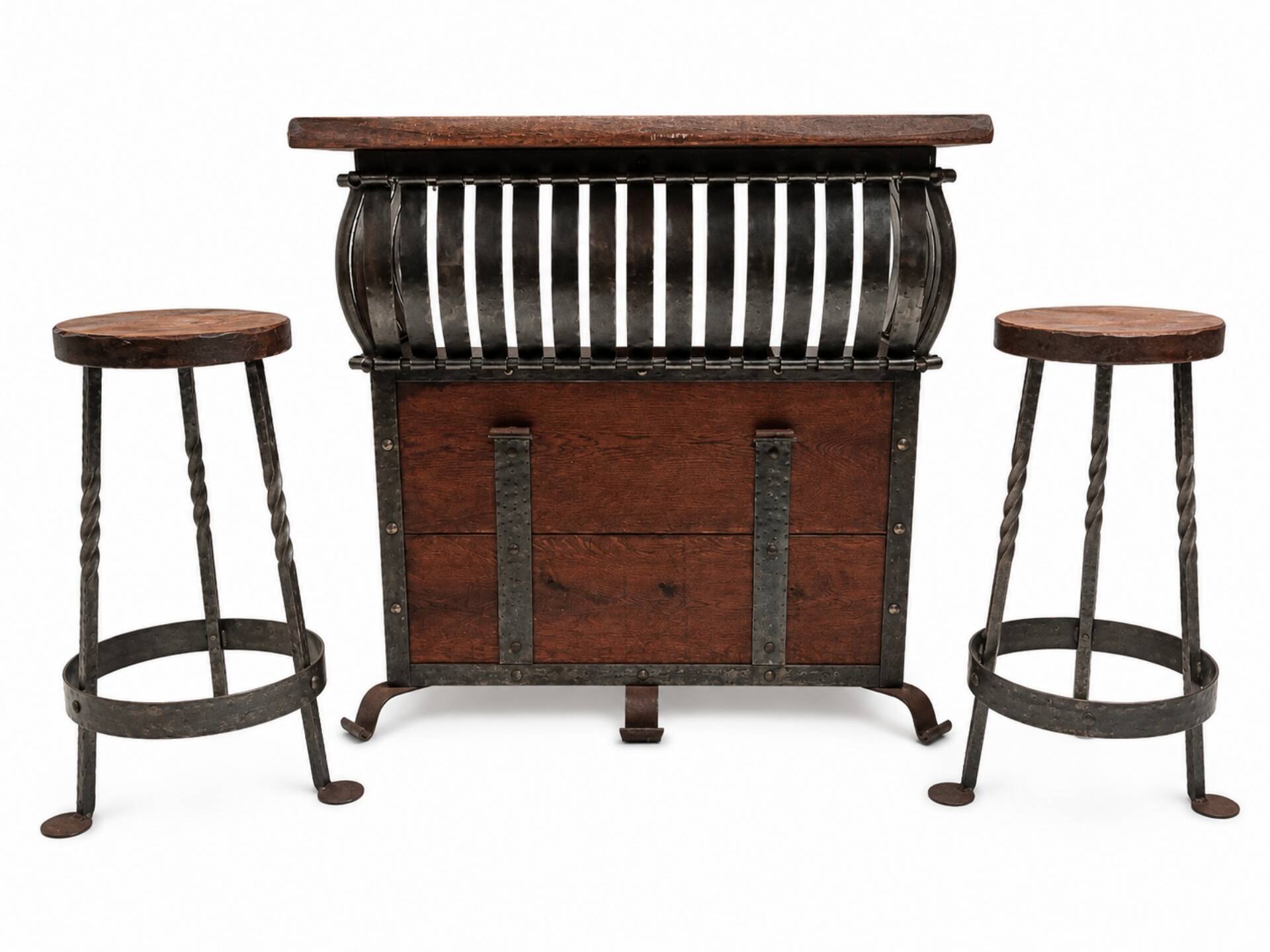 Lot of wrought iron and wood bar stools.