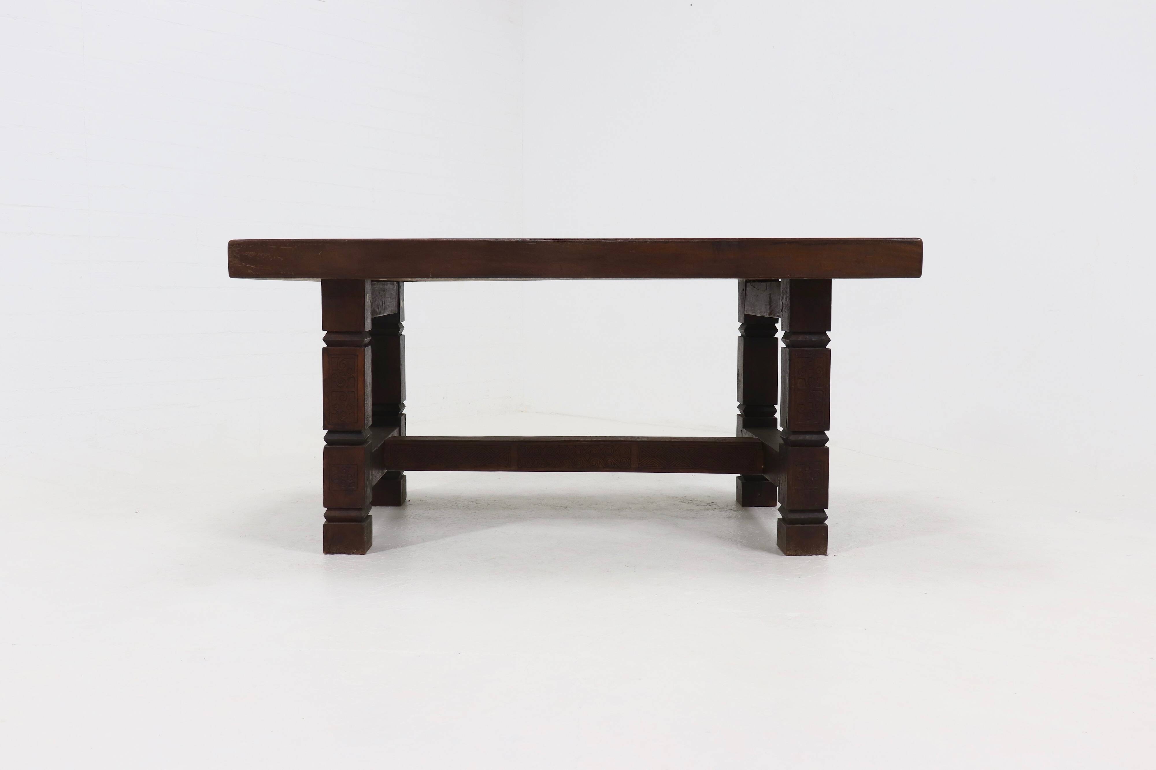 Antique Handcarved Solid Tropical Wooden Dining Table 1920s