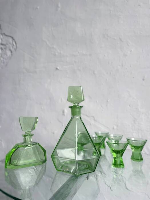Green glass Art Deco liquor  set, Czechoslovakia 1920s-1930s
