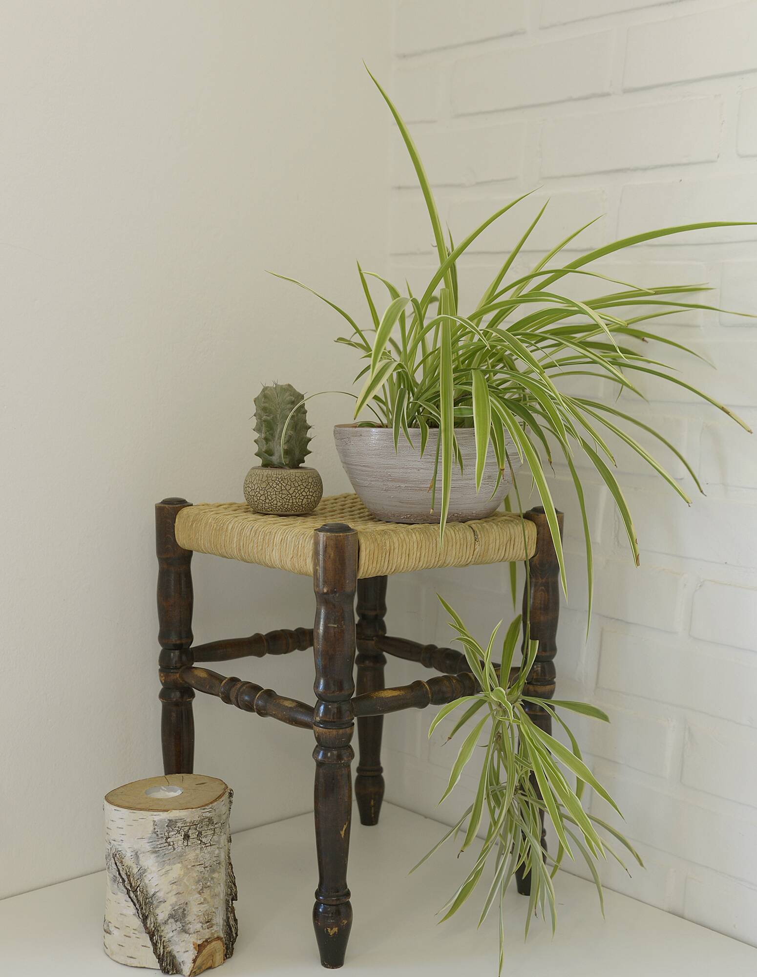 Vintage rustic stool, wooden ottoman footstool, wicker bench from the 1960