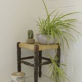 Vintage rustic stool, wooden ottoman footstool, wicker bench from the 1960