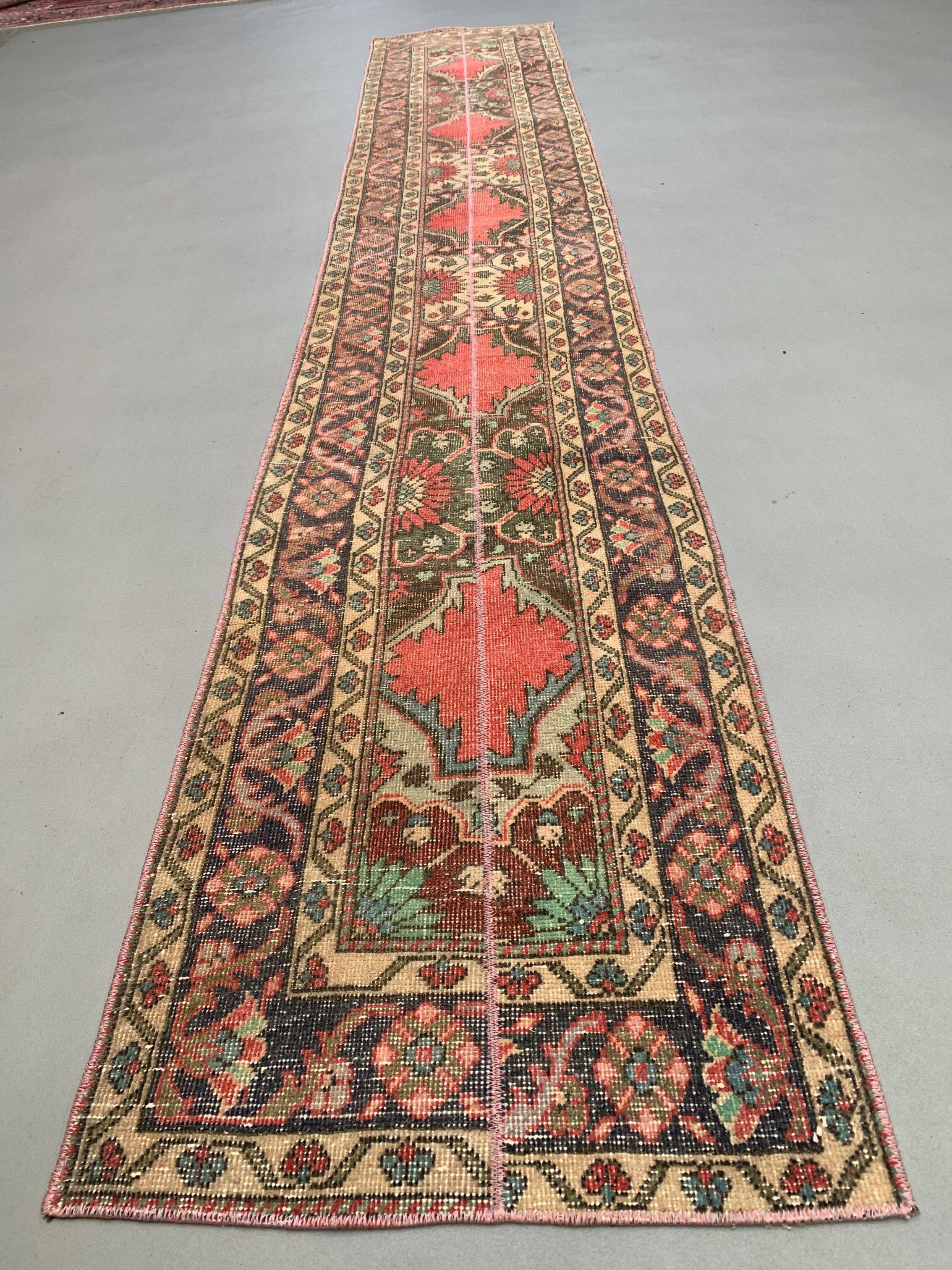 Distressed Turkish Narrow Runner 397x63 cm wool Vintage Tribal Rug