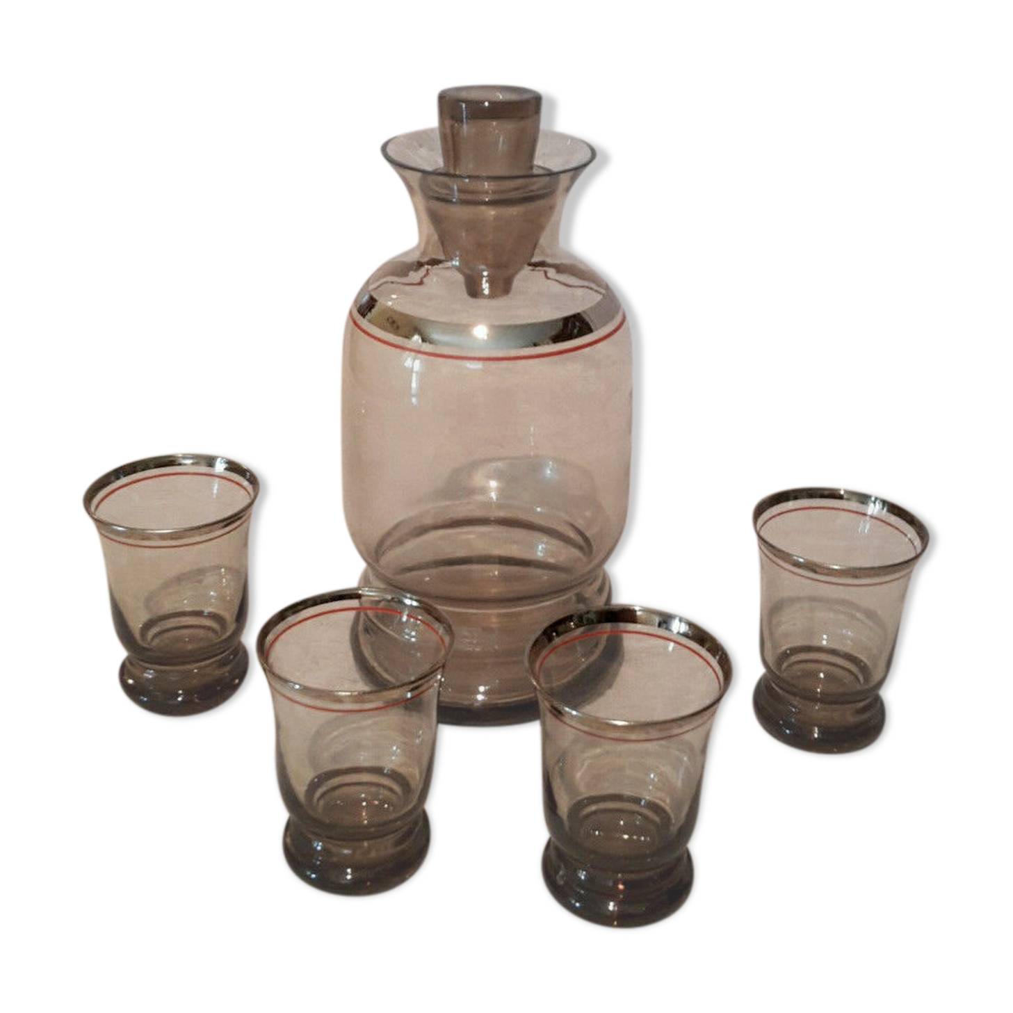 Vintage port service in smoked glass, silver décor with orange fillet