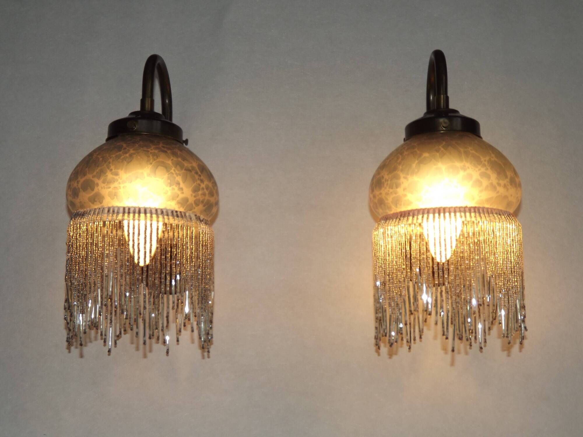 Pair French Vintage Mottled Glass Single Wall Lights Beaded Fringed Shade