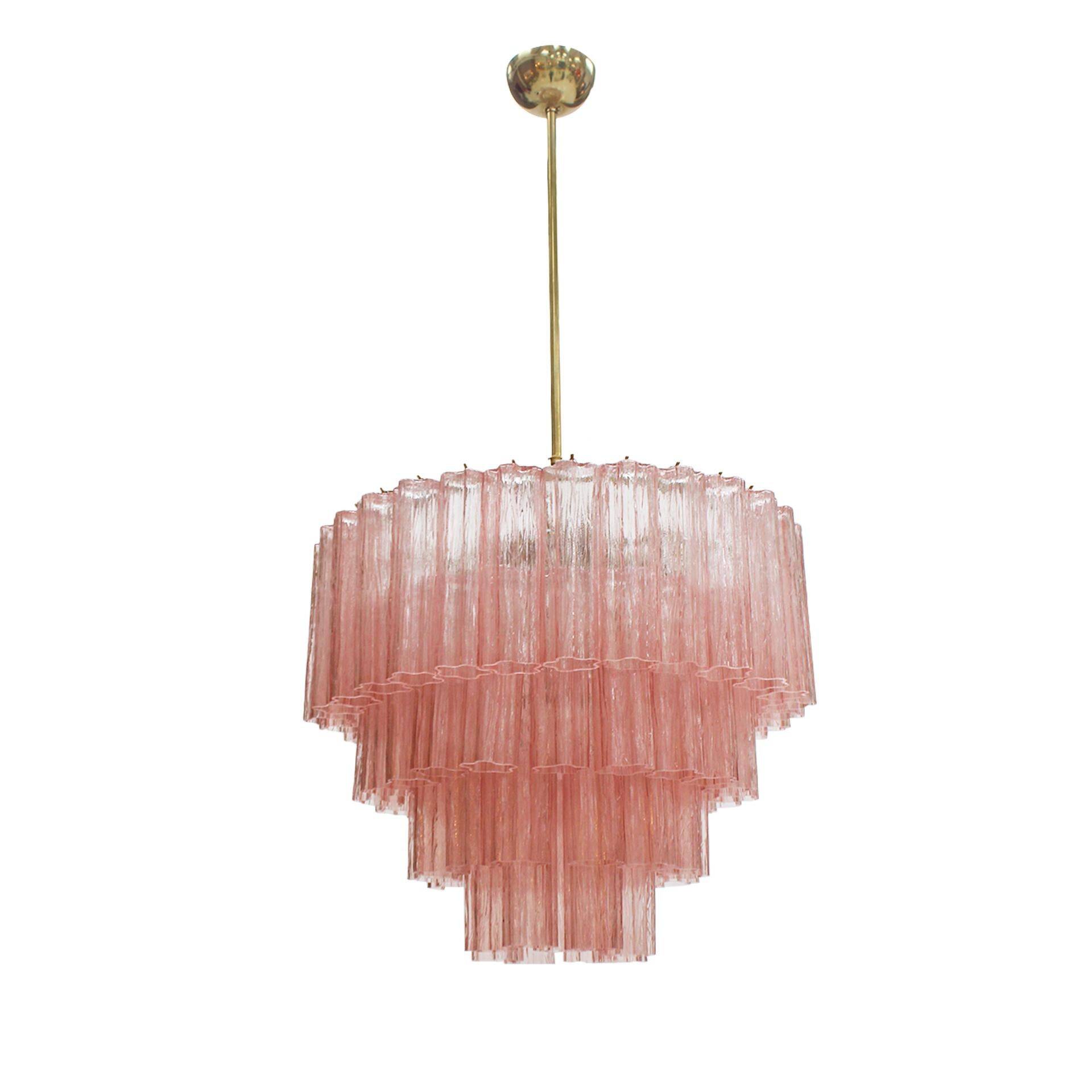 Mid Modern Italian Pink Murano Glass Cascading Suspension Lamp with Brass Frame