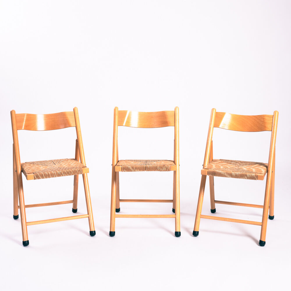 Italian vintage woven straw beech folding chairs, 1960s