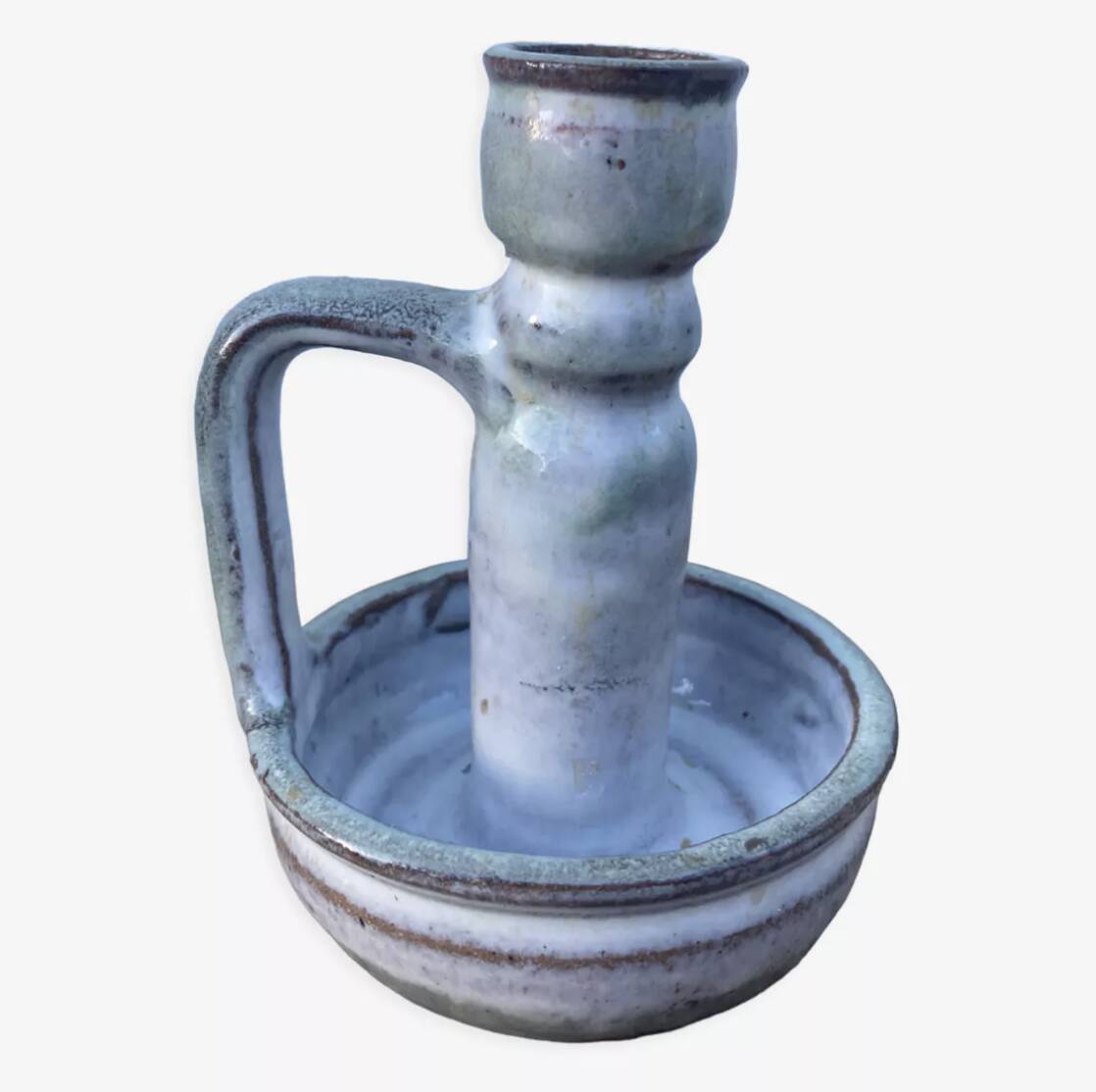 Bougeoir en grès gris signé
