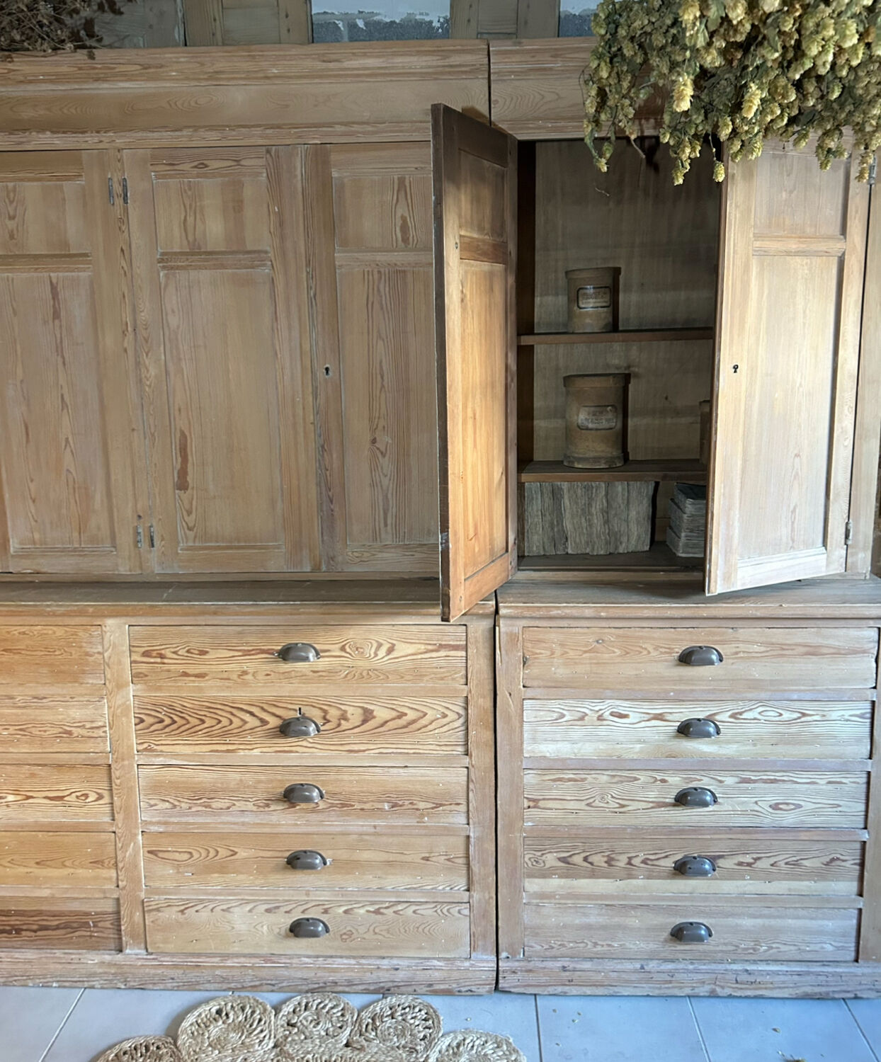Old workshop furniture, 2 bodies with drawers and a cupboard.
